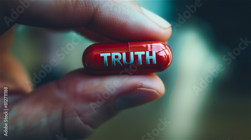 Close up of hand holding red pill with word TRUTH on it