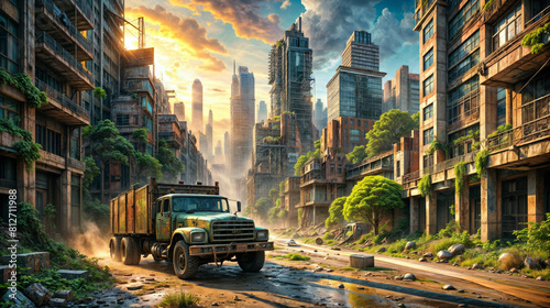 Post-apocalyptic cityscape reclaimed by nature, featuring overgrown vegetation, crumbling buildings, and a rusty truck driving down the street under a warm, golden sunset.