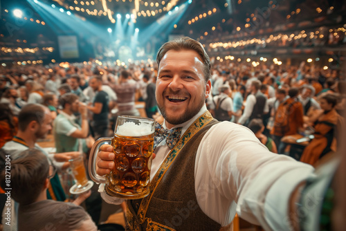 man in traditional attire taking a selfie with a beer at Oktoberfest, amidst a bustling crowd and festive decorations in a concert hall during the vibrant festival.