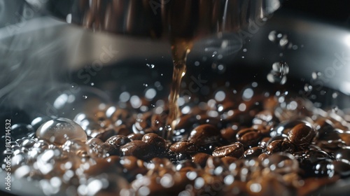 Close up view of the moment when hot water is poured over coffee beans in a French press
