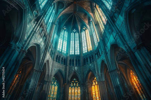 Architectural Details, Gothic Cathedral with Stained Glass Windows and Flying Buttresses