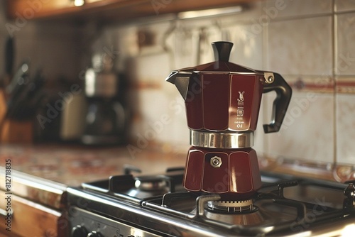 Close up of a red and silver moka pot on a gas stove against a kitchen background.