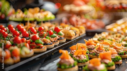 Buffet assortment of canapes. Delicious appetizers, catering food.