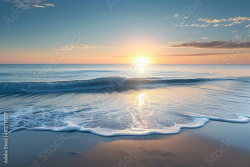 Tranquil sunrise over a calm ocean with soft waves lapping the shore