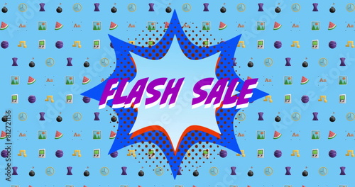 Image of flash sale text over retro vibrant pattern background