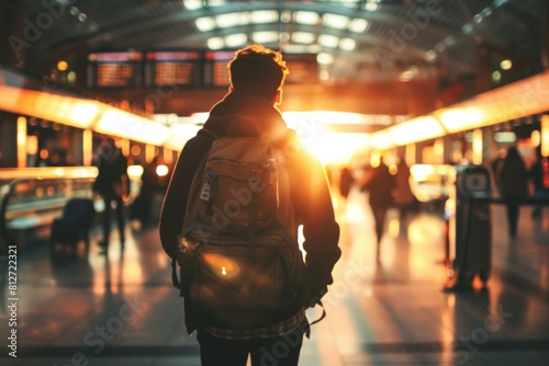 A man with a backpack stands at a train station during sunset,departure, airport, travel