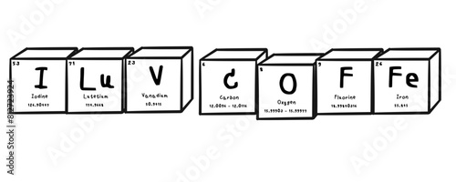 I luv coffee wording in periodics table style illustration with transparecy background