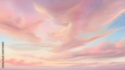 Wispy cirrus clouds streaking across a pastel-colored sky during sunrise, painting the heavens in soft hues of pink and gold