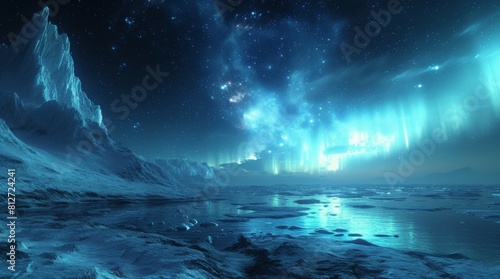 Aurora borealis over the sea, snowy mountains at starry winter night. Landscape with aurora, icy beach, sky, reflection in water.