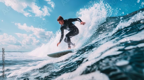 A surfer clad in a sleek black wetsuit conquers the wave, a moment frozen in time capturing the thrill and grace of the ocean's dance.