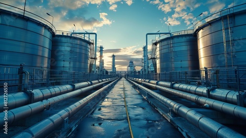 Industrial steel tanks connected by pipelines under blue sky.