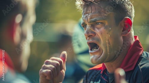 Portrait of a male athlete covered in mud and sweat, screaming and gesturing while competing in a race.