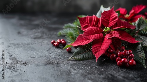 Fir tree twigs and poinsettia flowers on a simple background with copy space