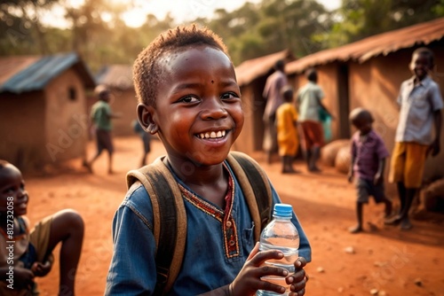Happy african boy holding water bottle to quench thirst during drought