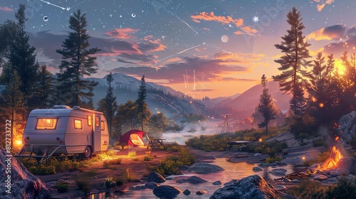 Capture the panoramic view of a scenic wilderness campground at sunset using dynamic lighting and vibrant colors