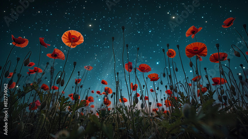 Glowing poppies under starry sky and moonlight reflect Memorial Day.