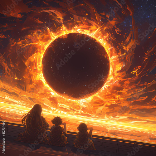 Two Stargazers Admiring a Vivid Total Solar Eclipse from Space