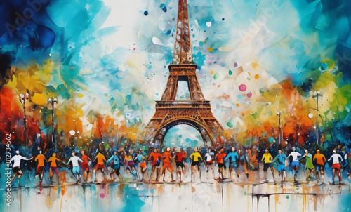 Watercolor illustration of a fast-running athlete people in a race against the Eiffel Tower during a competition at the Olympic Games. Athlète pratiquant la course à pied lors des Jeux olympiques