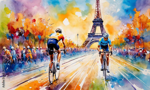 Watercolor illustration of cyclists men races against background of Eiffel Tower. Completion at the 2024 Olympic Games in Paris. Cyclistes à la course lors d'une épreuve des Jeux olympiques