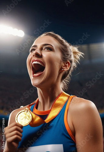 Portrait of a happy screaming woman in sportswear with a first place gold medal in her hand celebrating winning a championship or Olympic games. Female champion with award, trophy at sport competition