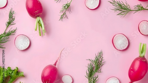 Whole and sliced radishes with dill on a pink background. Flat lay composition. Fresh vegetables and healthy eating concept. Design for food blog, poster, culinary presentation.