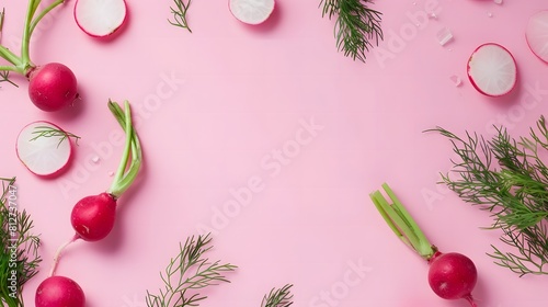 Whole and sliced radishes with dill on a pink background. Flat lay composition. Fresh vegetables and healthy eating concept. Design for food blog, poster, culinary presentation.