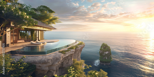 Luxury cliffside villa with infinity pool overlooking the ocean at sunset. .Tranquil travel and relaxation concept. Design for advertising paradise island, banner, poster.