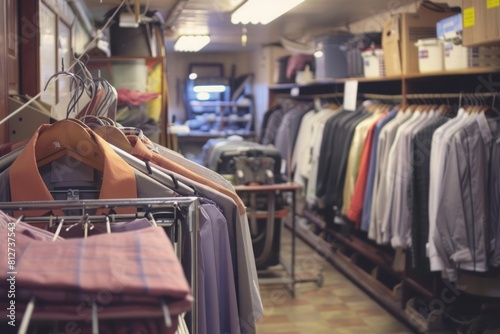 A well-organized dry-cleaning business, with a rack of clothes in the foreground and equipment in the back