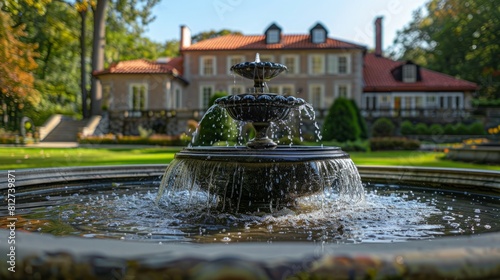 Fountain with mansion background. Luxury lifestyle concept.