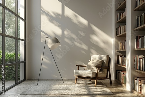 Minimalist Reading Nook: A cozy reading nook with a minimalist armchair, floor lamp, and floating bookshelves