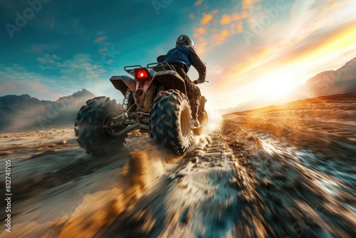 Action shot of person riding a four-wheeler in water, suitable for outdoor sports or adventure concepts