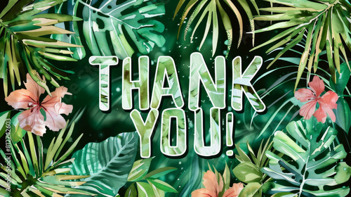 Vibrant Tropical Thank You Card Design with Lush Greenery and Flowers