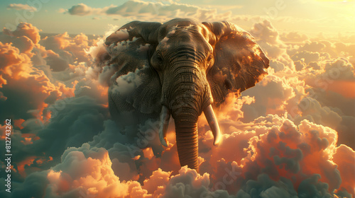 An elephant soaring through the clouds, with its trunk extended and tusks glowing in the sunlight, symbolizing freedom and power
