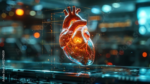 magazine photography style, 3D heart in a futuristic medical tec