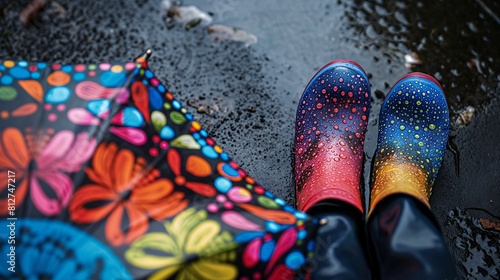 pair of colorful rain boots placed next to a patterned umbrella, with raindrops splashing on the ground, illustrating the practical and stylish essentials for a rainy day.
