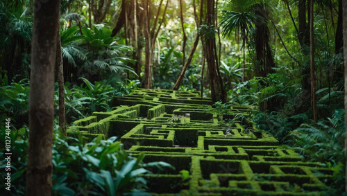 Lush green maze nestled within the depths of a forest jungle.