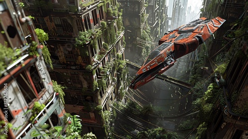 Craft a hyper-realistic 3D rendering of a spacecraft venturing through a decaying urban landscape overtaken by nature Highlight intricate details of the ship against the backdrop o