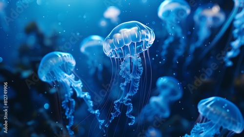 Design a sleek and minimalist underwater cityscape showcasing bioluminescent jellyfish floating in a dreamy, top-down view