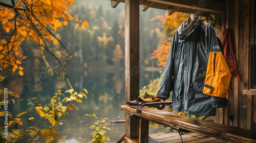 waterproof jacket and hiking pants hanging on a wooden cabin porch, with colorful fall foliage and a tranquil lake in the background, representing the perfect attire for exploring nature in autumn.
