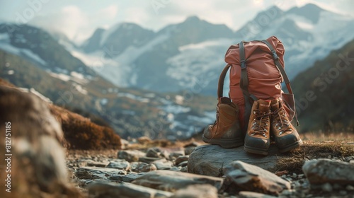 A pair of hiking boots and a backpack resting on a rocky trail, with snow-capped mountains in the background, highlighting the rugged yet stylish attire for outdoor adventures in the colder months.
