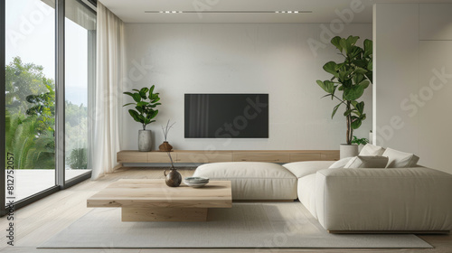 Natural wood coffee table between beige sofa and tv unit against window. Minimalist interior design of modern living room, home.