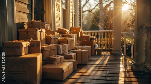 Cluttered arrangement of various sized packages on a sunlit porch.