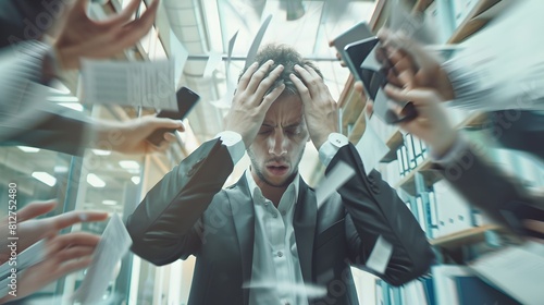 Overwhelmed office worker surrounded by flying papers. Stress and deadline concept in a busy workplace. Modern corporate environment captured in dynamic style. AI