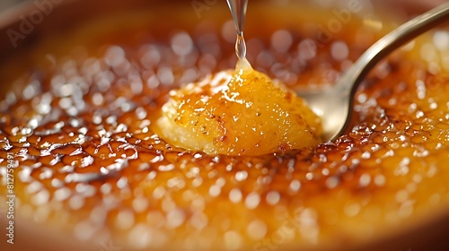 A captivating close-up of a cr??me br?"l?(C)e, its caramelized sugar crust crackling enticingly beneath the gentle tap of a spoon. The smooth custard 