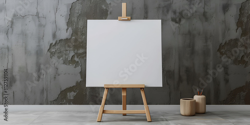 A canvas is on a easel in front of a brick wall with black texcture background