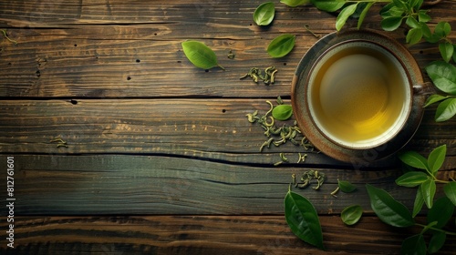 Green tea in a ceramic cup on a wooden table with green tea leaves scattered around.
