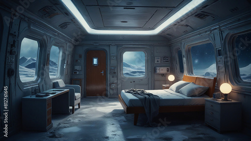 Watercolor painting: The room froze with freezing cold. It is inhabited by human passengers who sleep in the capsule. A centuries-long interstellar journey to a distant exoplanet.
