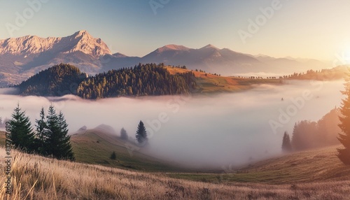 unsurpassed misty morning in the mountains during sunrise amazing nature scenery stunning alpine landscape wonderful counfryside with fog under sunlight picture of wild area natural background
