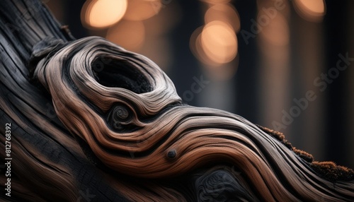 a twisted tree root showing the grain and knots of the wood stump with blurred swirls of the old carbon