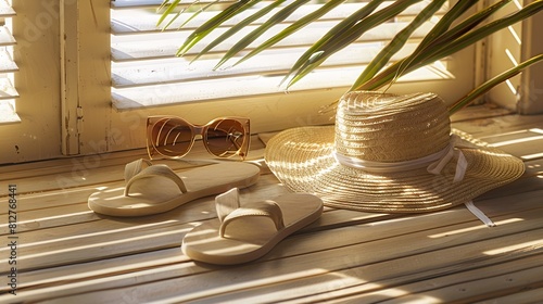 Straw hatsunglasses and beach slippers on wood : Generative AI